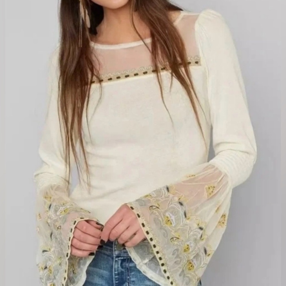 Free People Cream Sheer Yoke Bell Sleeve Top with Embroidered Details